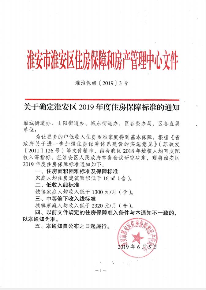 关于确定淮安区2019年度住房保障标准的通知